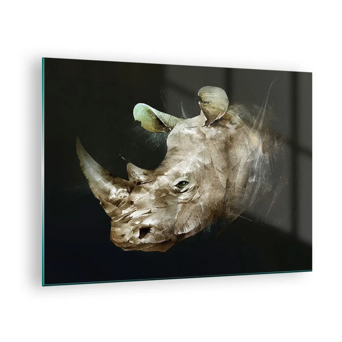 Quadro su vetro - Rappresentazione artistica di una testa di rinoceronte su uno sfondo scuro - 70x50cm - Vera forza mascolina - Decorazione murale moderna per soggiorno e camera da letto ARTTOR