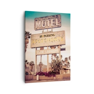 Quadro su tela - Stampe su Tela - Insegna retrò di un motel circondata da palme - 50x70cm - Qui il tempo si è fermato - Decorazione murale moderna per soggiorno e camera da letto ARTTOR