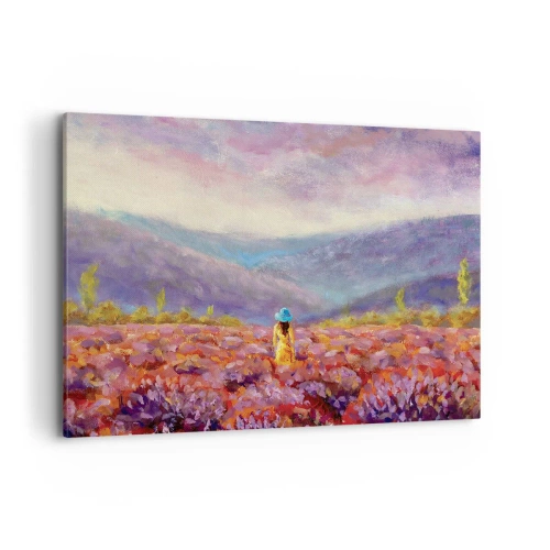 Quadro su tela - Stampe su Tela - Una donna con un cappello cammina in un campo di lavanda. - 100x70cm - Nel mondo di lavanda - Decorazione murale moderna per soggiorno e camera da letto ARTTOR