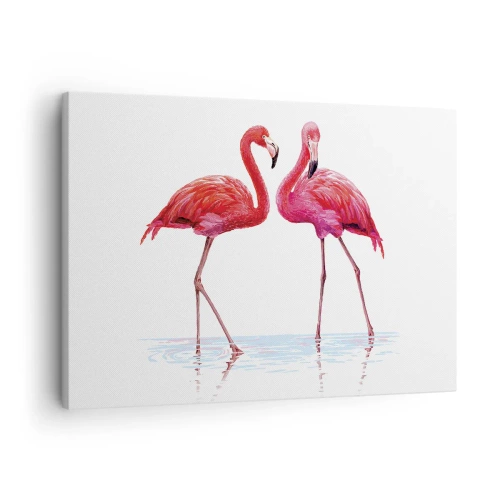 Quadro su tela - Stampe su Tela - Una coppia di fenicotteri nell'acqua su uno sfondo chiaro - 70x50cm - Appuntamento in rosa - Decorazione murale moderna per soggiorno e camera da letto ARTTOR