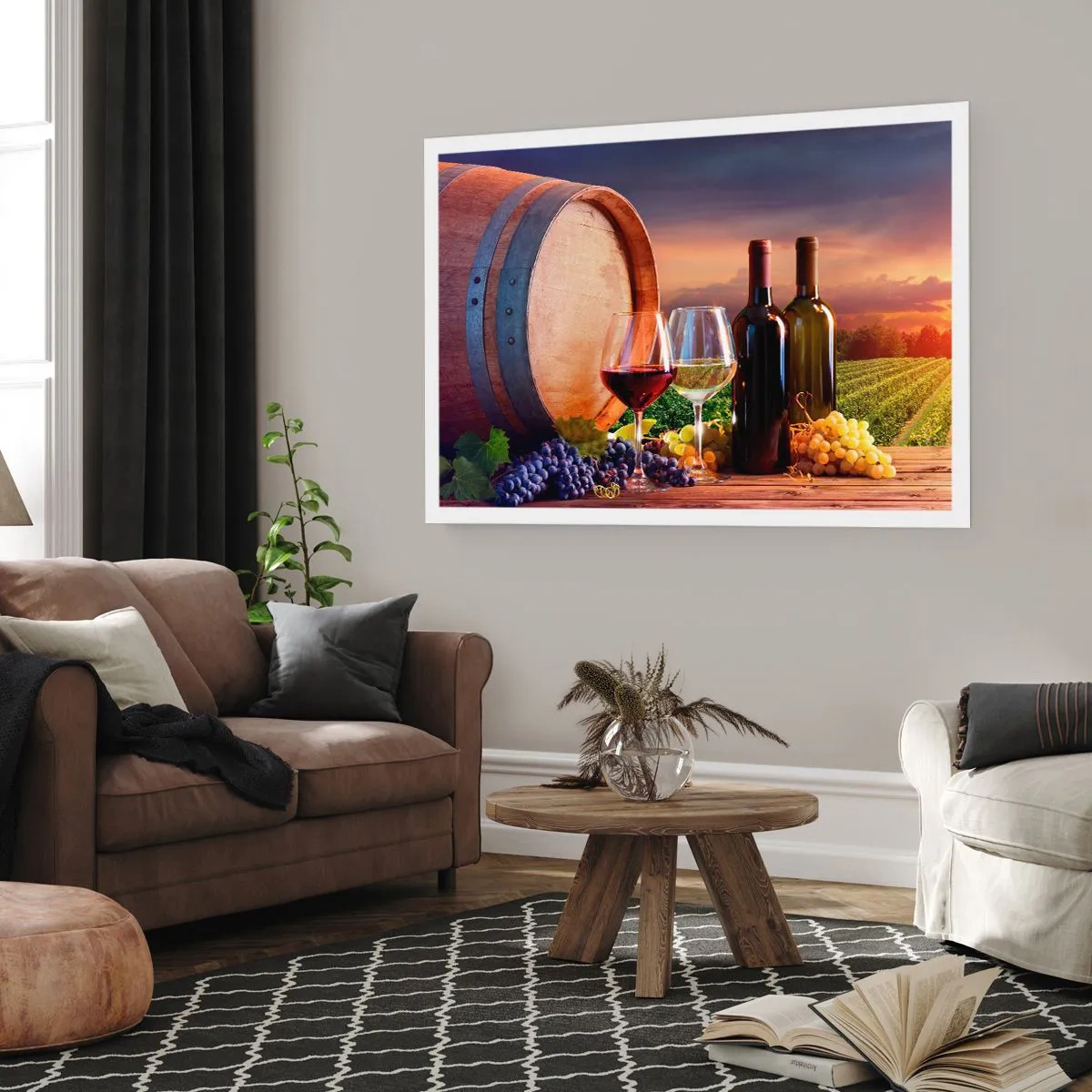 Poster - Vino, bicchieri e una botte in un paesaggio pittoresco - 100x70cm - Qui la vita ha gusto - Decorazione murale moderna per soggiorno e camera da letto ARTTOR