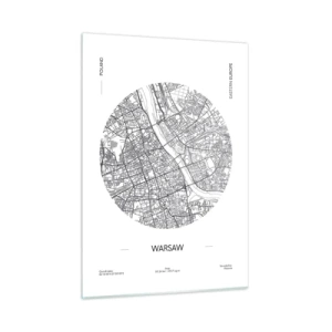 Quadro su vetro - Mappa di Varsavia sotto forma di illustrazione grafica - 50x70cm - Anatomia di Varsavia - Decorazione murale moderna per soggiorno e camera da letto ARTTOR