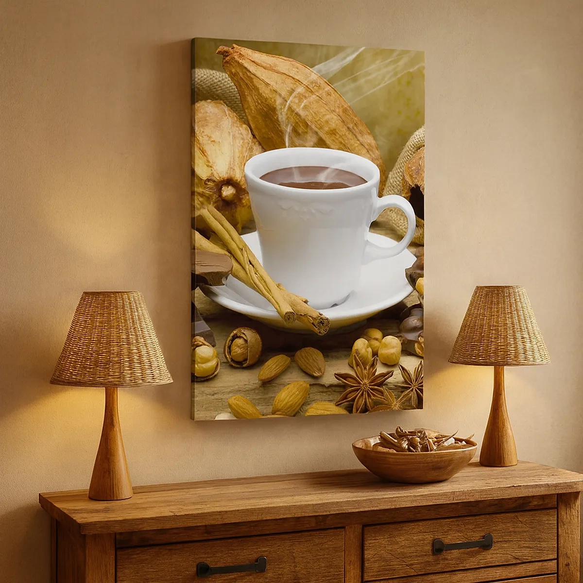 Quadro su tela - Stampe su Tela - Una tazza di cioccolata calda circondata da cacao e cannella - 50x70cm - Per i cercatori di emozioni - Decorazione murale moderna per soggiorno e camera da letto ARTTOR