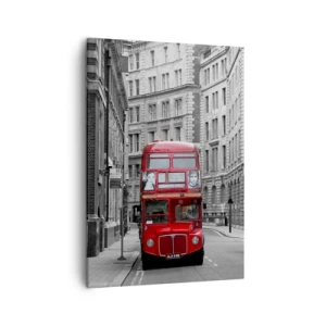Quadro su tela - Stampe su Tela - Un autobus rosso sullo sfondo di edifici cittadini bianchi e neri. - 50x70cm - Il quotidiano non deve essere grigio - Decorazione murale moderna per soggiorno e camera da letto ARTTOR