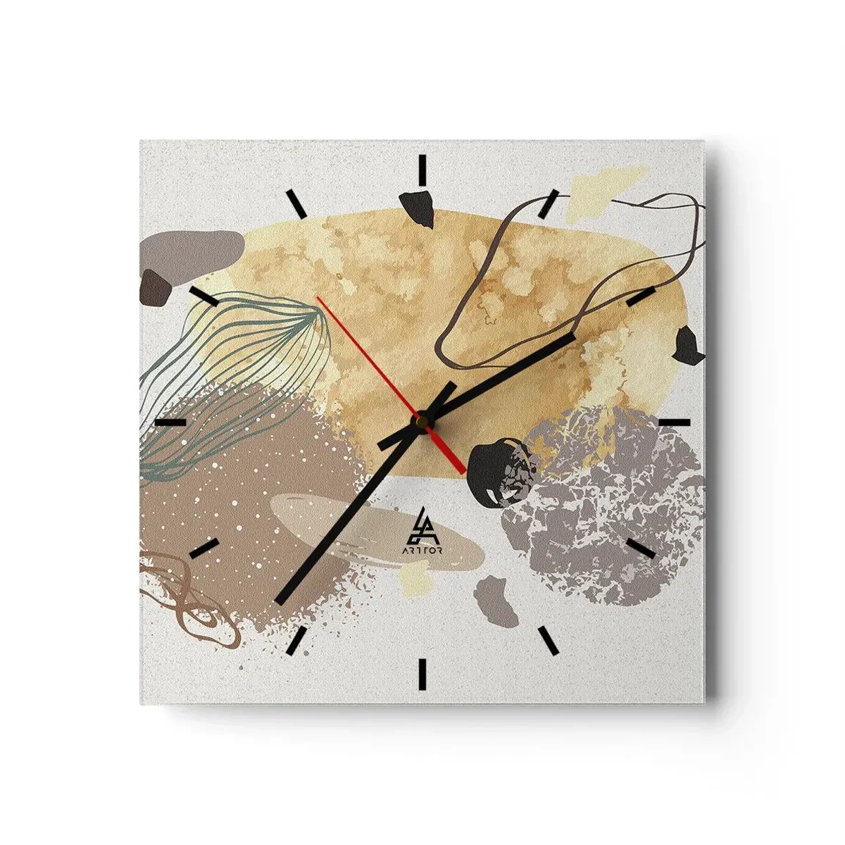 Orologio da parete - Orologio in Vetro - Una composizione di forme astratte nei toni del beige e del giallo. - 30x30cm - Schizzologia applicata - Decorazione murale moderna per soggiorno e camera da letto ARTTOR