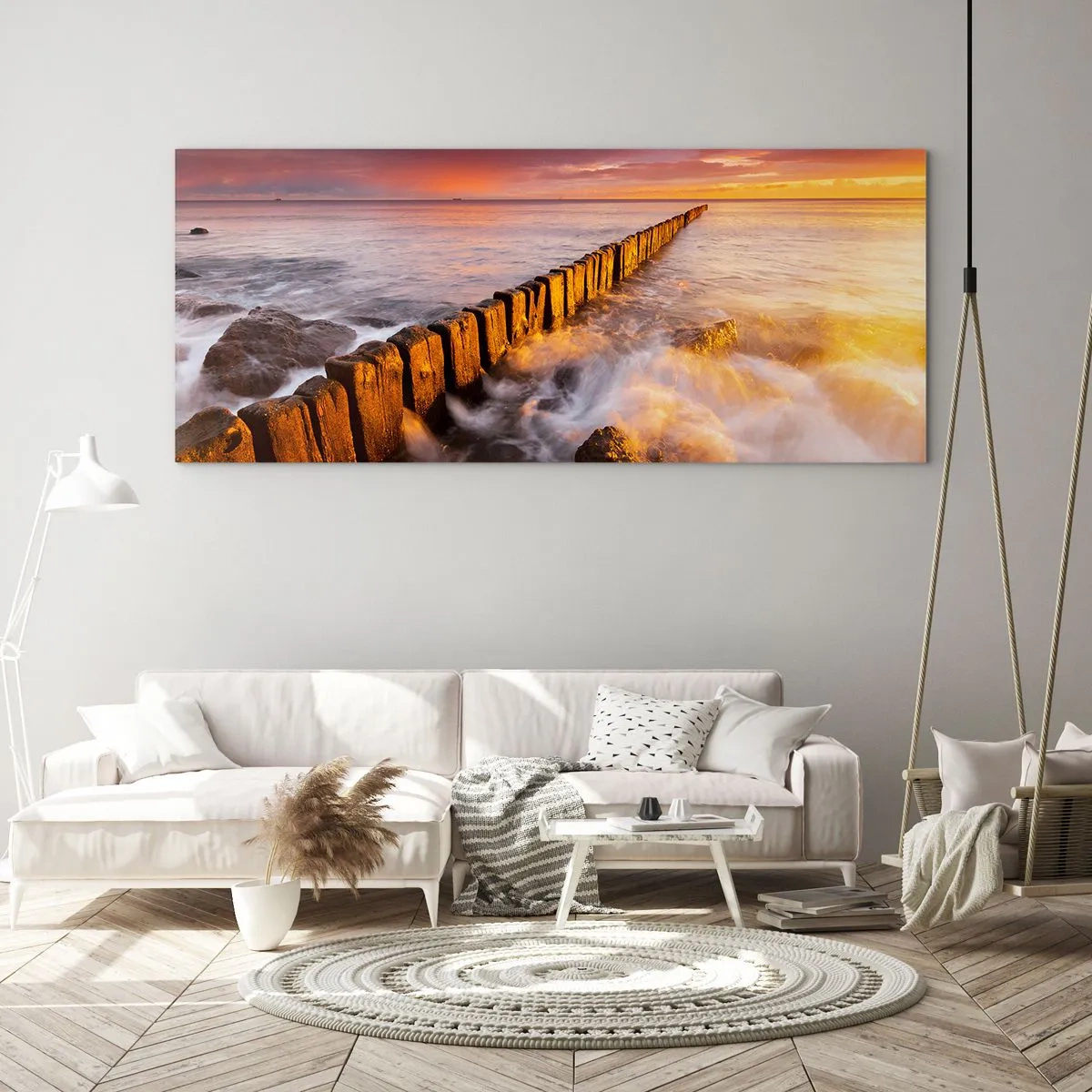 Quadro su vetro - Un paesaggio pittoresco in riva al mare al tramonto - 140x50cm - La mitezza delle onde - Decorazione murale moderna per soggiorno e camera da letto ARTTOR