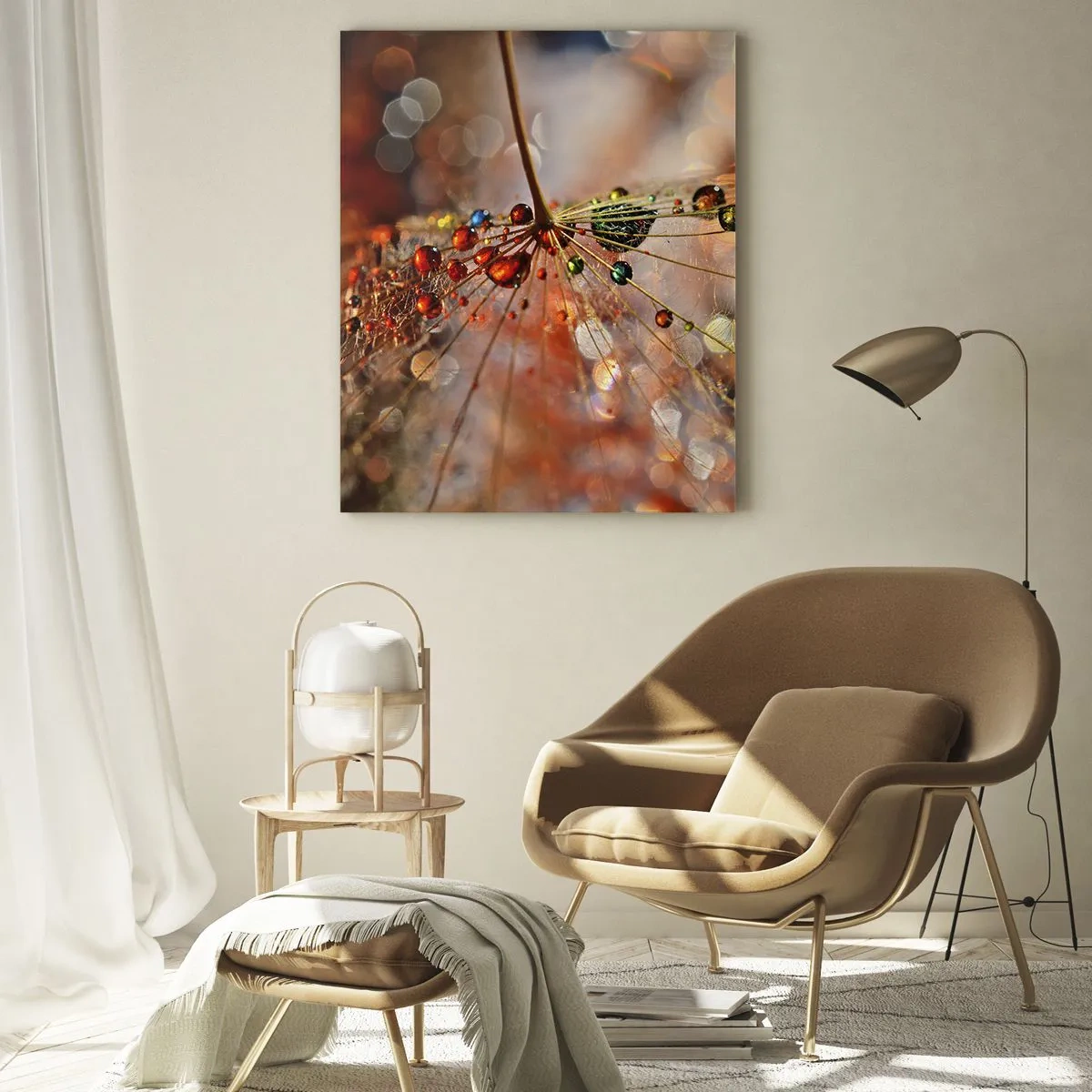 Quadro su vetro - Gocce d'acqua su una delicata ragnatela in luce bokeh - 50x70cm - Posate sulla ragnatela - Decorazione murale moderna per soggiorno e camera da letto ARTTOR