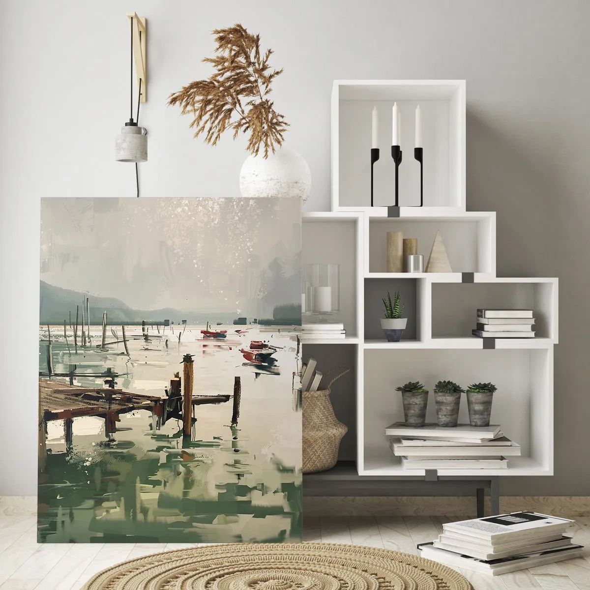 Quadro su vetro - Un pittoresco porto con barche in acque calme - 80x120cm - Imbevuto di luna fusa - Decorazione murale moderna per soggiorno e camera da letto ARTTOR