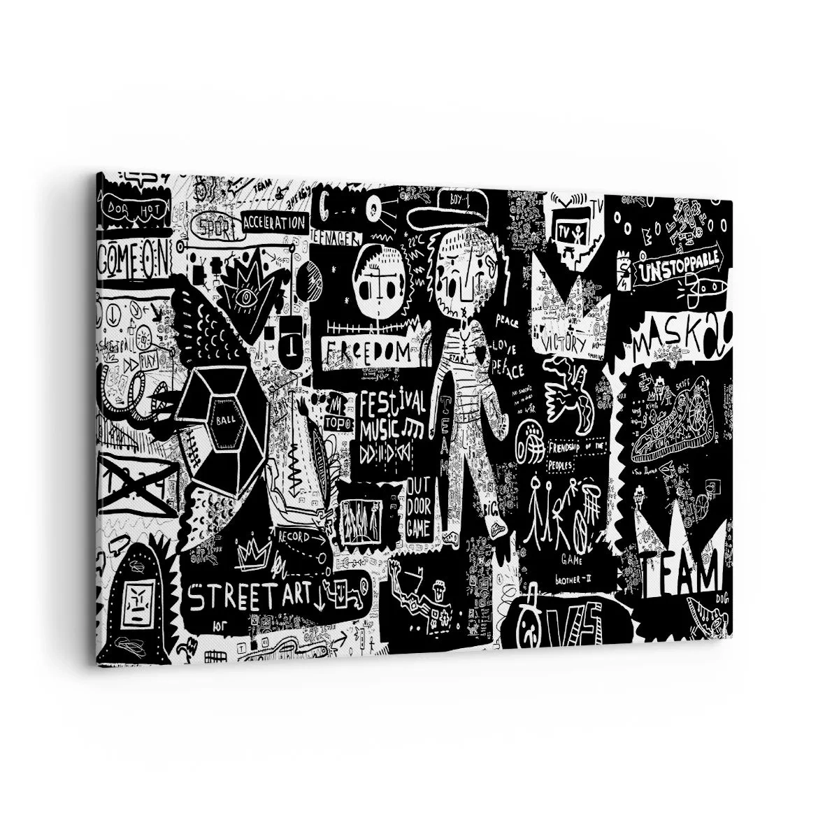 Quadro su tela - Stampe su Tela - Collage in bianco e nero ispirato alla street art - 120x80cm - Gioventù spirituale di giustizia e gioia - Decorazione murale moderna per soggiorno e camera da letto ARTTOR