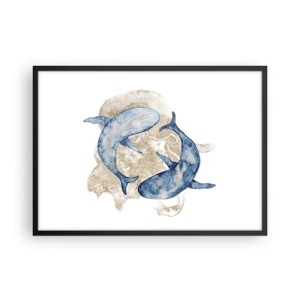 Poster in cornice nera - Balene blu astratte su uno sfondo chiaro - 70x50cm - Amicizia o amore? - Decorazione murale moderna per soggiorno e camera da letto ARTTOR