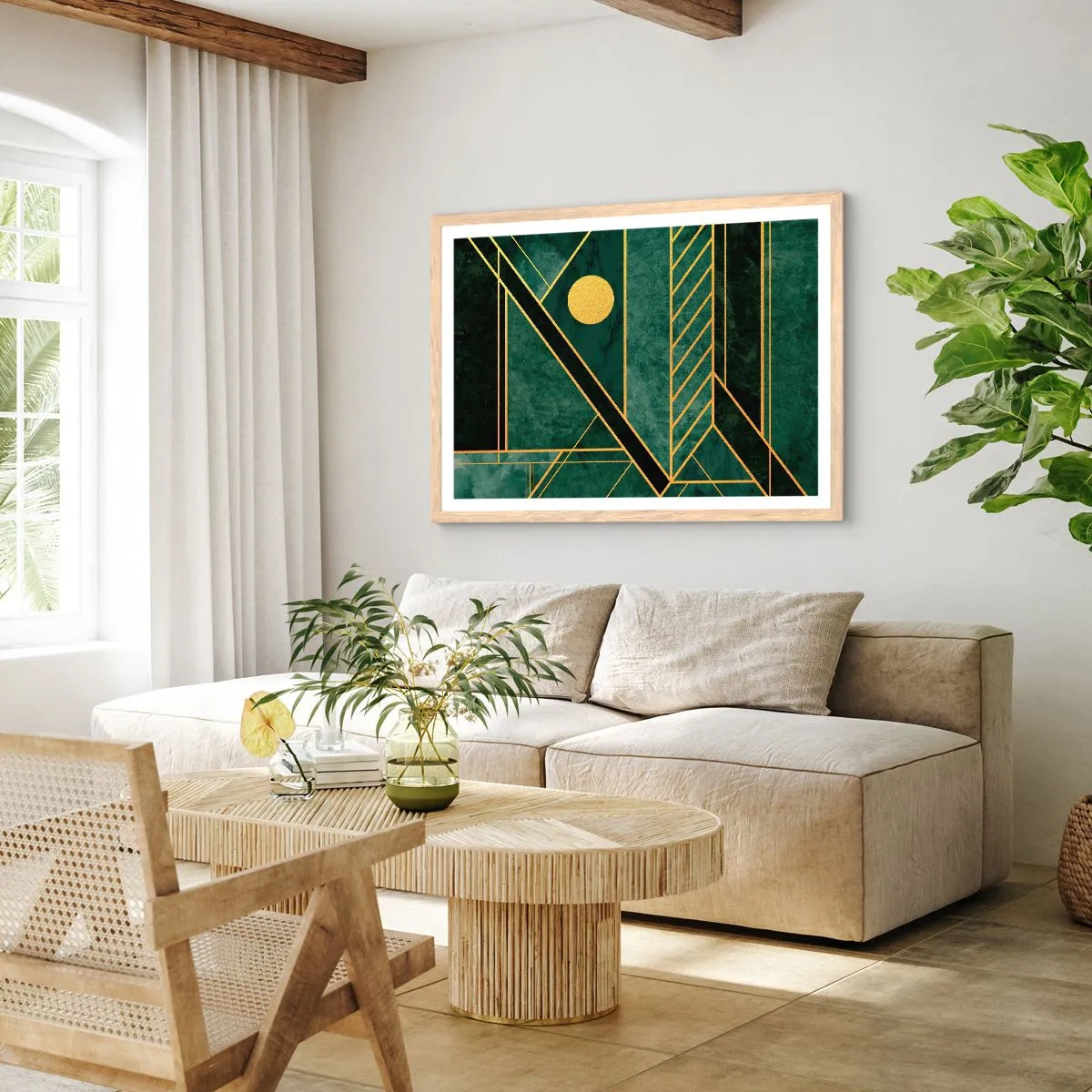 Poster in cornice rovere chiaro - Dinamica di oro e azzurro - 50x40 cm