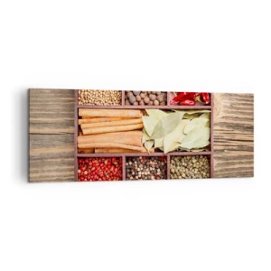 Quadro su tela - Stampe su Tela - Scatola di legno con varie spezie in scomparti - 140x50cm - Ordine delle forme, bouquet degli aromi - Decorazione murale moderna per soggiorno e camera da letto ARTTOR