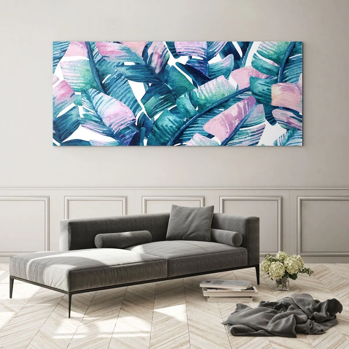 Quadro su vetro - Foglie di banano nelle tonalità del blu e del rosa - 160x50cm - Nel bananeto - Decorazione murale moderna per soggiorno e camera da letto ARTTOR