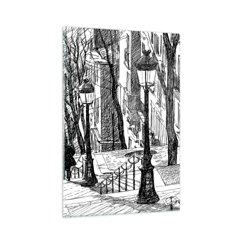 Quadro su vetro - Una strada con lampioni e una sagoma umana in tecnica di schizzo - 70x100cm - Storia d'amore o racconto di paura? - Decorazione murale moderna per soggiorno e camera da letto ARTTOR