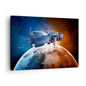 Quadro su tela - Stampe su Tela - Un'astronave sullo sfondo di un pianeta nello spazio - 70x50cm - Un attento osservatore - Decorazione murale moderna per soggiorno e camera da letto ARTTOR