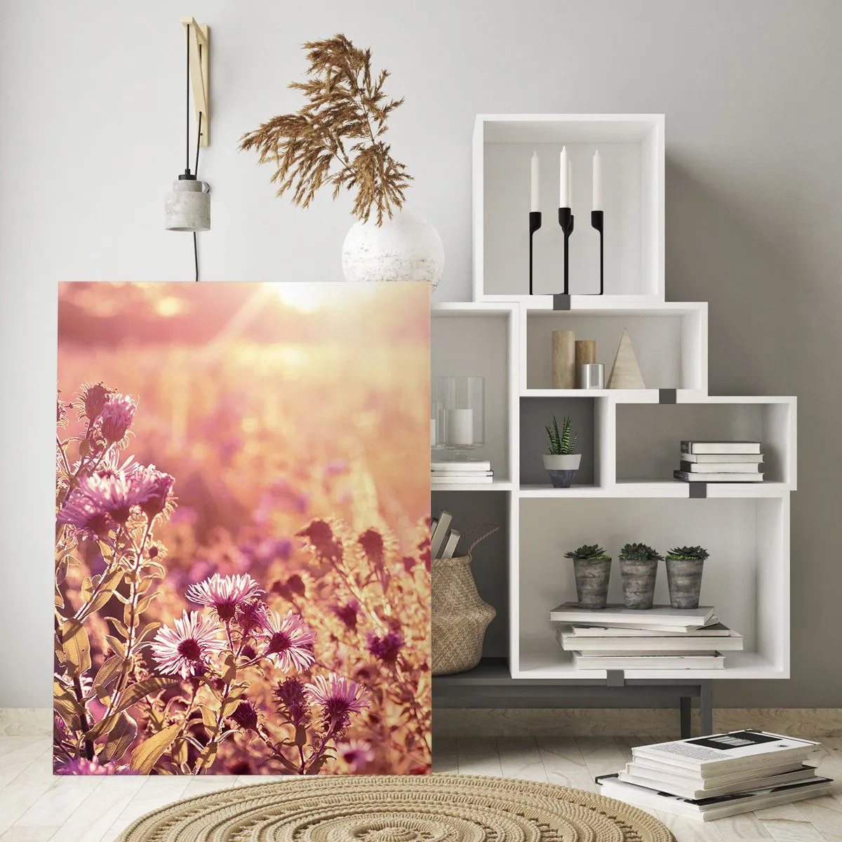 Quadro su vetro - Fiori viola nel prato alla luce del sole al tramonto - 50x70cm - Prima della fine dell'estate - Decorazione murale moderna per soggiorno e camera da letto ARTTOR