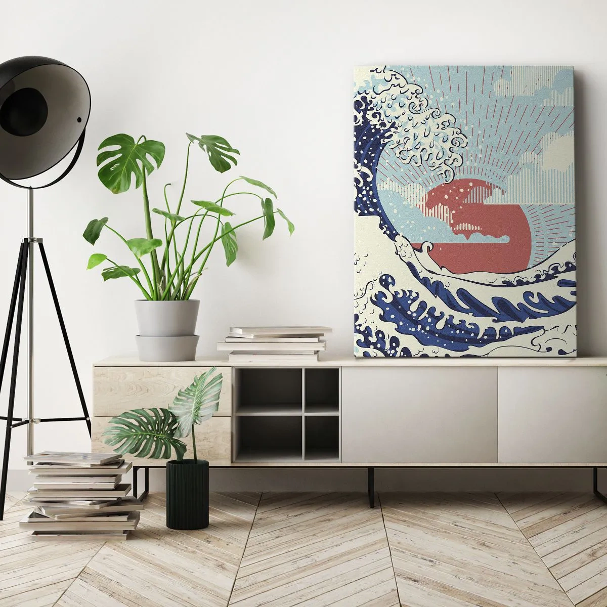 Quadro su tela - Stampe su Tela - Onde dell'oceano e un tramonto in stile giapponese - 50x70cm - Di ispirazione giapponese - Decorazione murale moderna per soggiorno e camera da letto ARTTOR