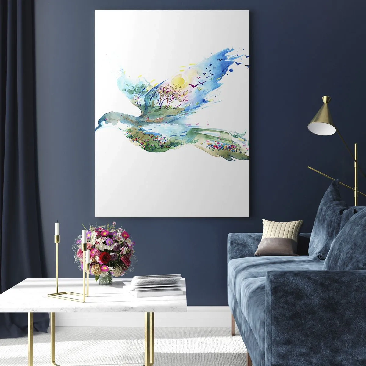 Quadro su vetro - Silhouette acquerello di un uccello con un paesaggio sullo sfondo - 50x70cm - Sulle ali della natura - Decorazione murale moderna per soggiorno e camera da letto ARTTOR