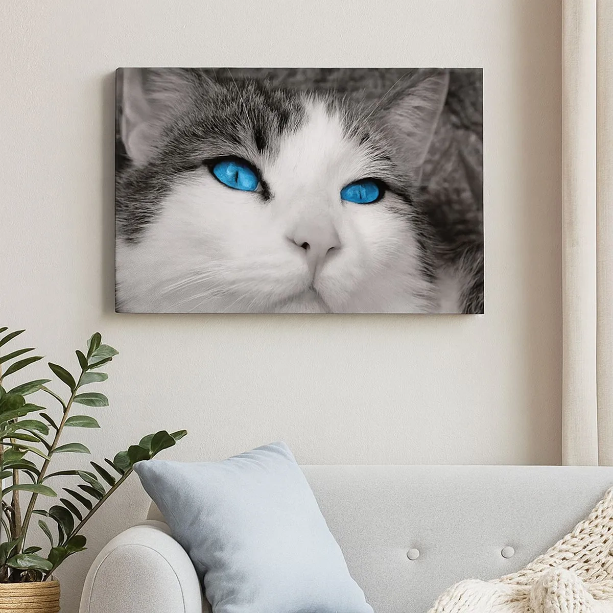 Quadro su tela - Stampe su Tela - Ritratto di un gatto con gli occhi azzurri in stile bianco e nero - 70x50cm - Insoliti occhi azzurri - Decorazione murale moderna per soggiorno e camera da letto ARTTOR