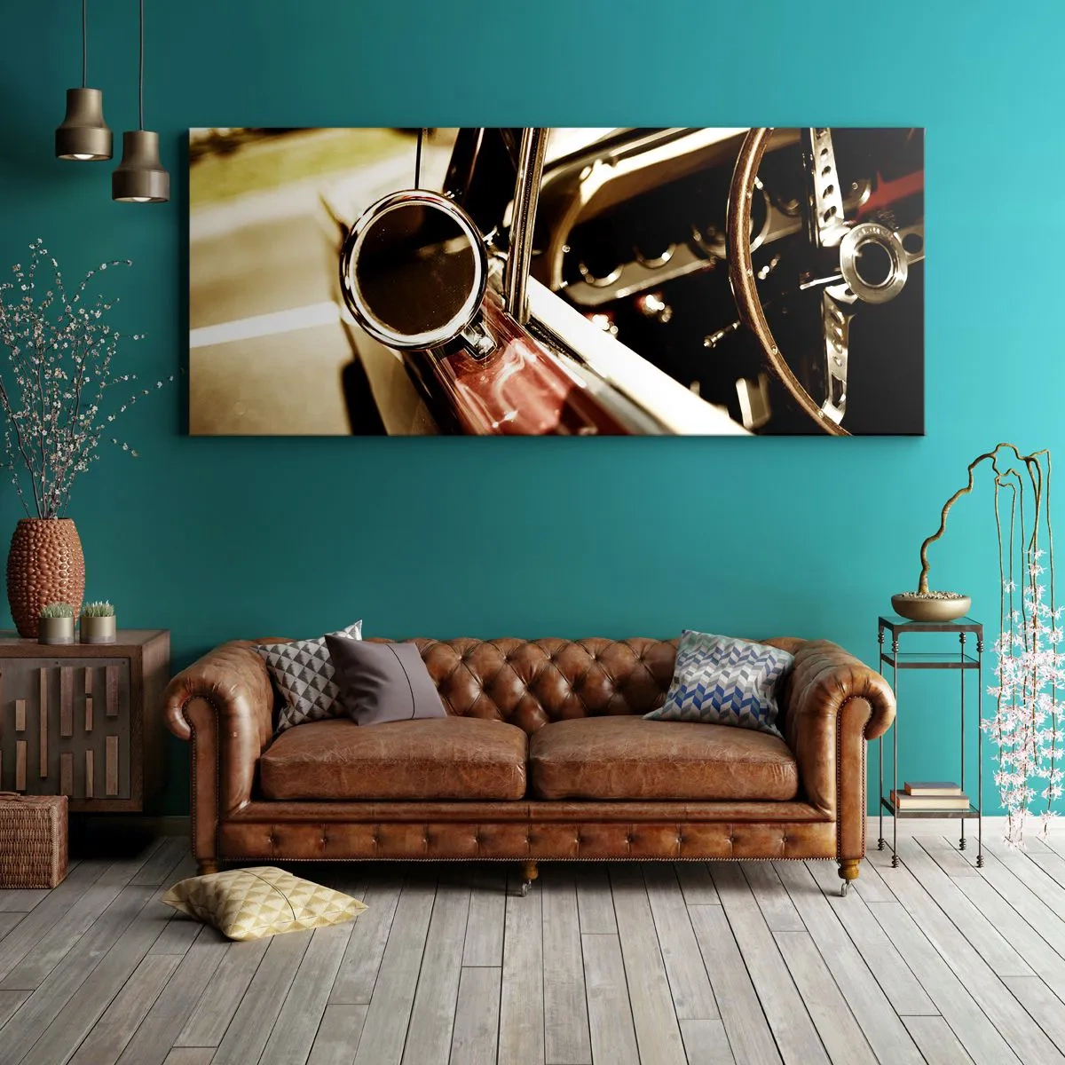 Quadro su tela - Stampe su Tela - Primo piano dello specchietto e degli interni di un'auto retrò classica - 160x50cm - Auto con un'anima - Decorazione murale moderna per soggiorno e camera da letto ARTTOR