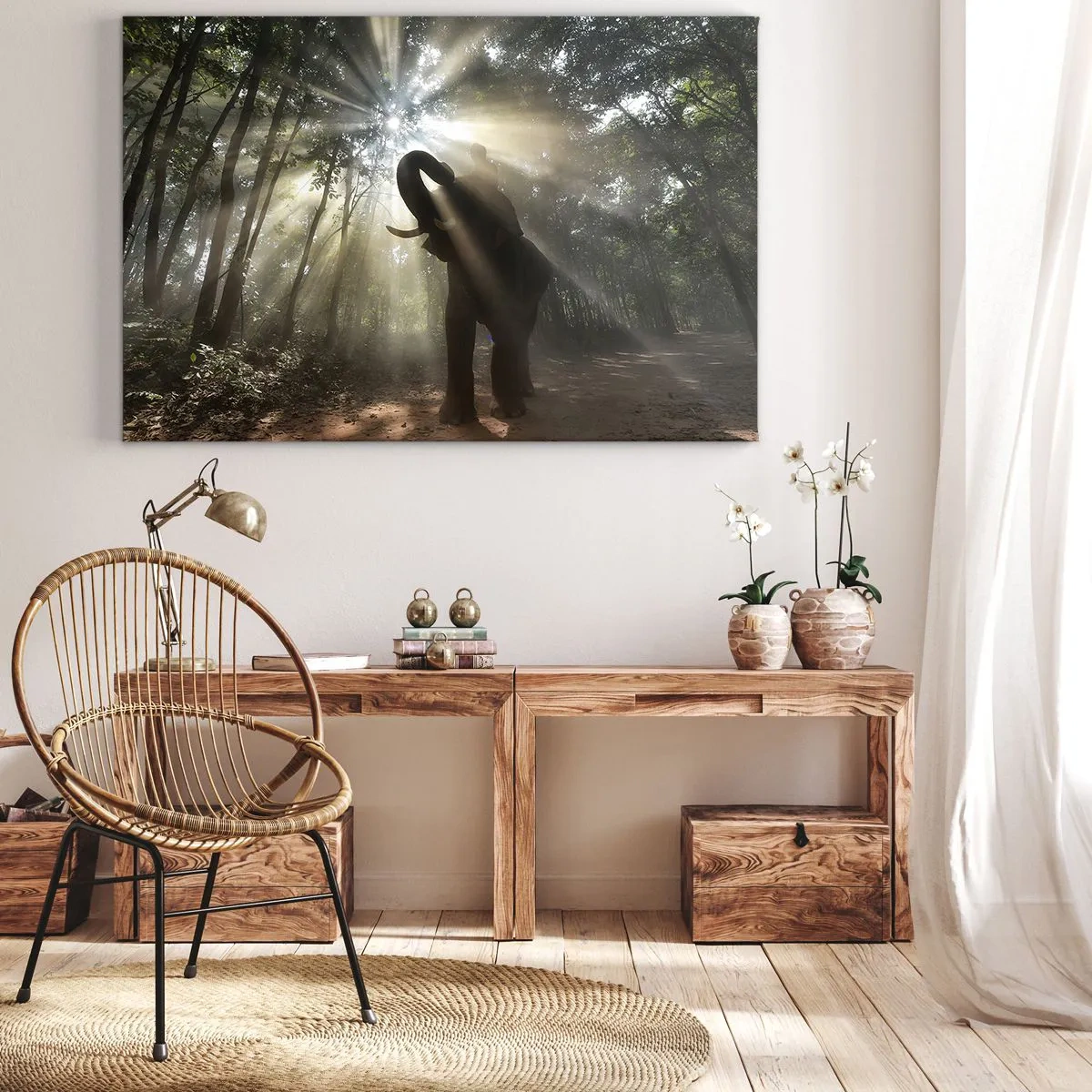 Quadro su tela - Stampe su Tela - Un elefante nella foresta circondato da raggi di luce nella nebbia mattutina - 70x50cm - Sotto una stella fortunata - Decorazione murale moderna per soggiorno e camera da letto ARTTOR