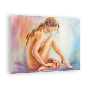 Quadro su vetro - Una donna in un sottile riflesso su uno sfondo di colori pastello - 70x50cm - Nudo di giovane - Decorazione murale moderna per soggiorno e camera da letto ARTTOR