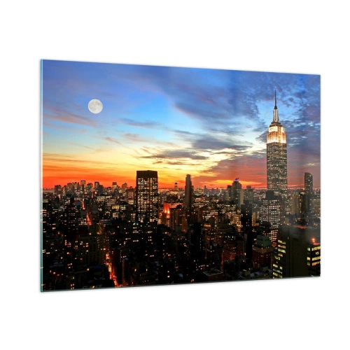 Quadro su vetro - Panorama notturno della città con edifici illuminati - 100x70cm - Luminosa notte americana - Decorazione murale moderna per soggiorno e camera da letto ARTTOR