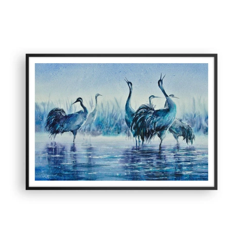 Poster in cornice nera - Gru sullo sfondo di nebbia e acqua nei toni del blu - 100x70cm - Incontro mattutino - Decorazione murale moderna per soggiorno e camera da letto ARTTOR