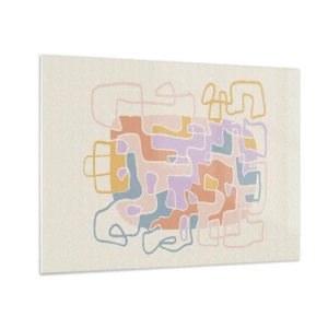 Quadro su vetro - Un labirinto colorato di linee su uno sfondo crema - 70x50cm - Labirinto: avventura gioiosa - Decorazione murale moderna per soggiorno e camera da letto ARTTOR