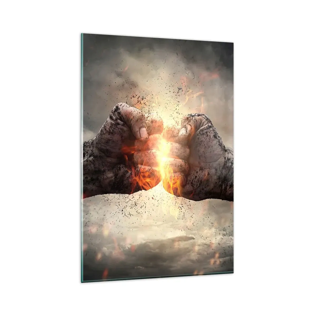 Quadro su vetro - Pugni chiusi in una scena di incendio dinamica - 80x120cm - Pronto alla battaglia - Decorazione murale moderna per soggiorno e camera da letto ARTTOR