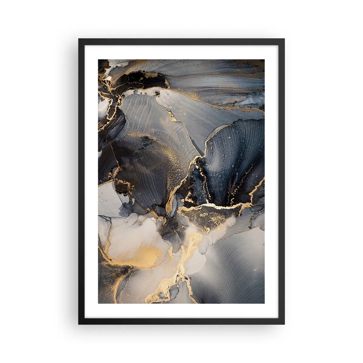 Poster in cornice nera - Una composizione astratta in tonalità scure con accenti dorati. - 50x70cm - Vita di pietra - Decorazione murale moderna per soggiorno e camera da letto ARTTOR