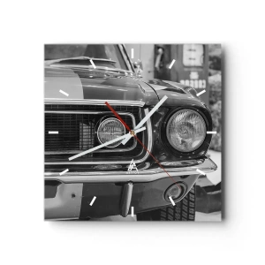 Orologio da parete - Orologio in Vetro - Cofano di un'auto classica in bianco e nero - 30x30cm - A rotta di collo - Decorazione murale moderna per soggiorno e camera da letto ARTTOR