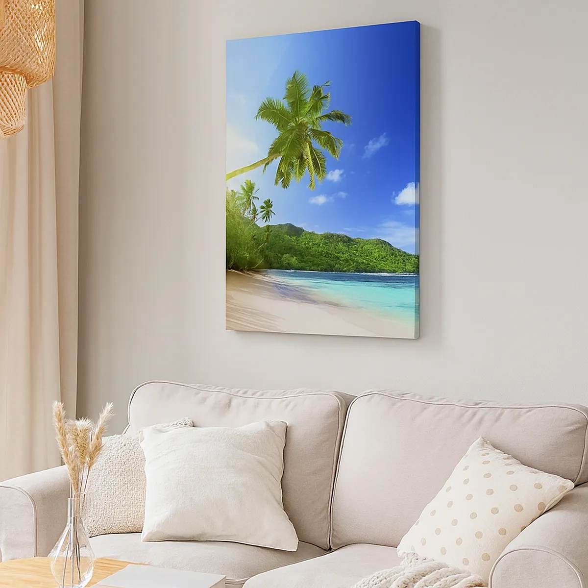 Quadro su tela - Stampe su Tela - Spiaggia tropicale con palme e mare turchese - 50x70cm - Il lieve tocco dei tropici - Decorazione murale moderna per soggiorno e camera da letto ARTTOR