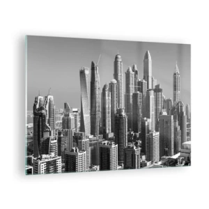 Quadro su vetro - Panorama in bianco e nero dei grattacieli della città - 70x50cm - La città sul deserto - Decorazione murale moderna per soggiorno e camera da letto ARTTOR