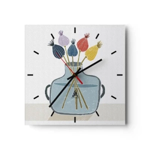 Orologio da parete - Orologio in Vetro - Fiori secchi colorati in un vaso su uno sfondo bianco - 30x30cm - Il silenzio dei papaveri - Decorazione murale moderna per soggiorno e camera da letto ARTTOR