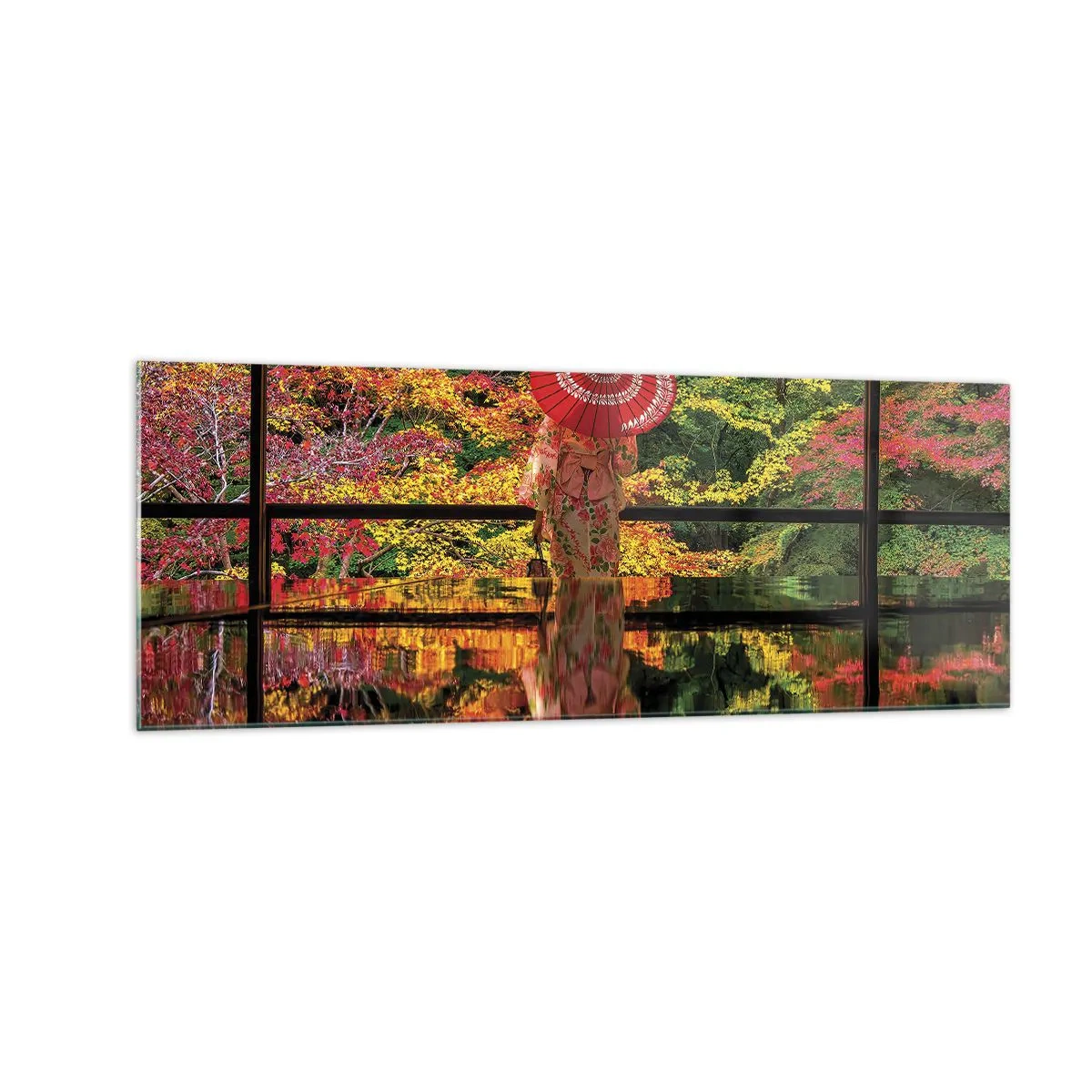 Quadro su vetro - Una donna in kimono con un ombrello sullo sfondo di un paesaggio autunnale. - 140x50cm - Nel tempio della natura - Decorazione murale moderna per soggiorno e camera da letto ARTTOR