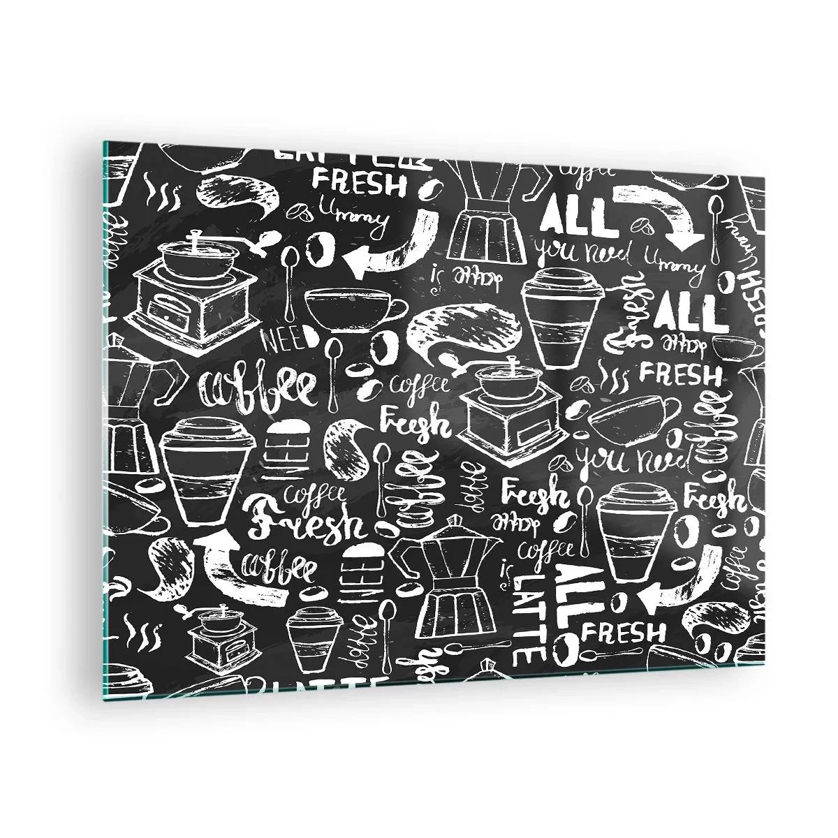 Quadro su vetro - Grafica e scritte a tema caffè su sfondo nero in stile retrò - 70x50cm - All you need is… - Decorazione murale moderna per soggiorno e camera da letto ARTTOR