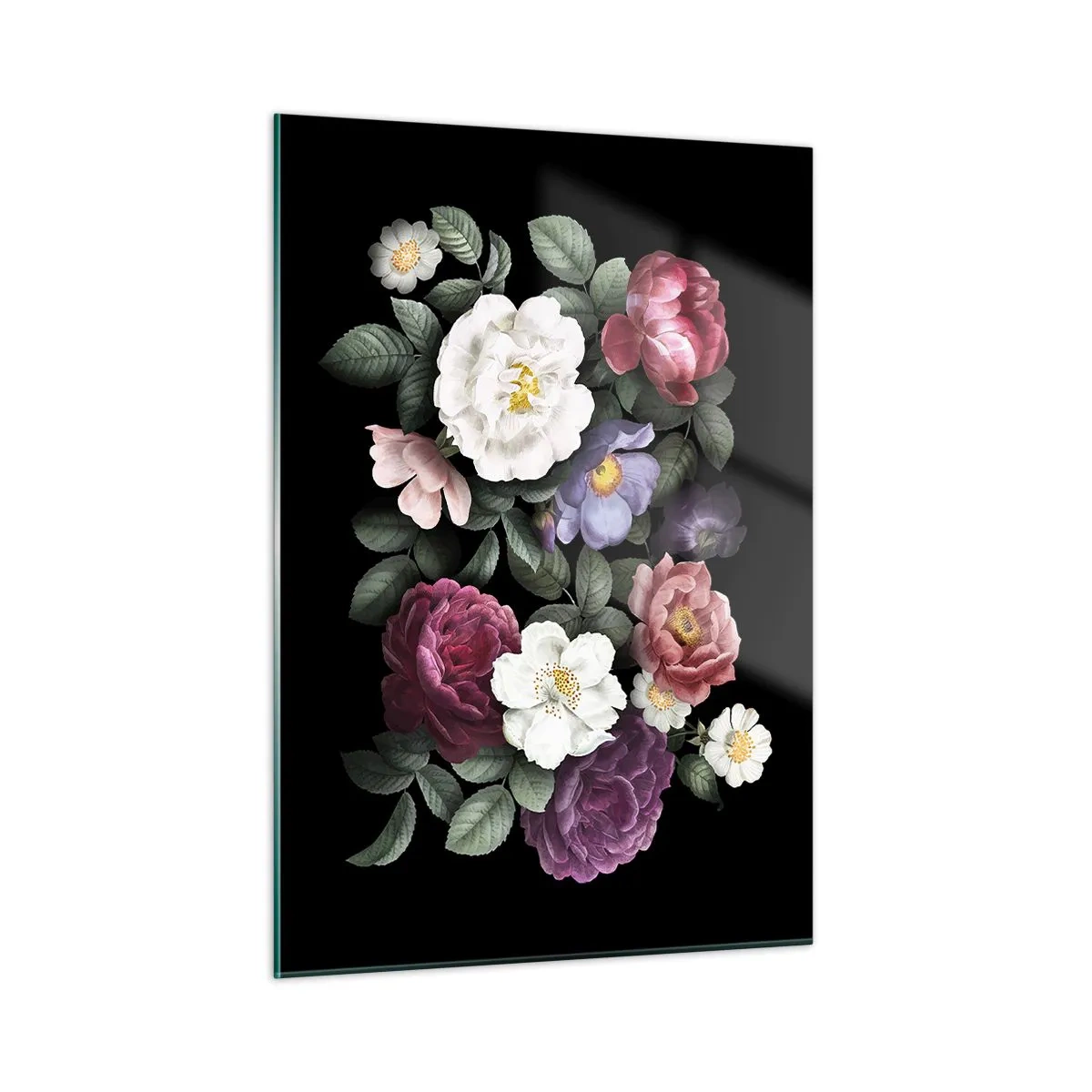 Quadro su vetro - Composizione floreale con peonie su sfondo nero - 50x70cm - Dal giardino inglese - Decorazione murale moderna per soggiorno e camera da letto ARTTOR