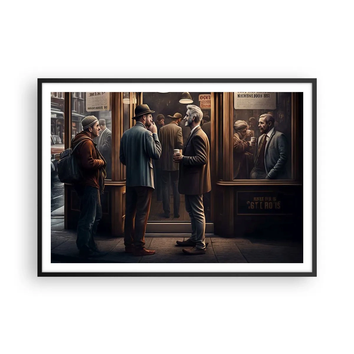 Poster in cornice nera - Scena di strada con persone davanti a un caffè retrò - 100x70cm - Il buon momento della giornata - Decorazione murale moderna per soggiorno e camera da letto ARTTOR