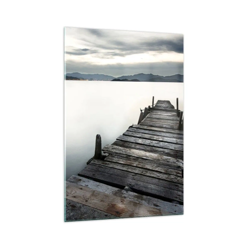 Quadro su vetro - Un ponte di legno che conduce verso un lago tranquillo - 70x100cm - Immergersi nella tranquillità - Decorazione murale moderna per soggiorno e camera da letto ARTTOR