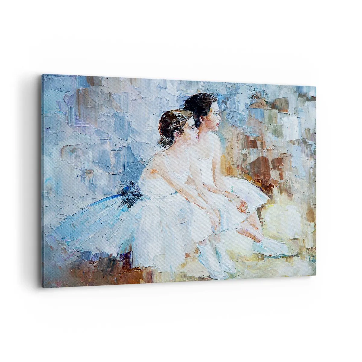 Quadro su tela - Stampe su Tela - Due ballerine in abiti bianchi si rilassano su uno sfondo pastello. - 100x70cm - Il riposo dei giovani cigni - Decorazione murale moderna per soggiorno e camera da letto ARTTOR