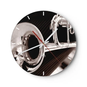 Orologio da parete - Orologio in Vetro - Primo piano in bianco e nero di una tromba in uno scatto artistico - 30x30cm - Viaggio musicale negli anni '30 - Decorazione murale moderna per soggiorno, cucina e camera da letto ARTTOR