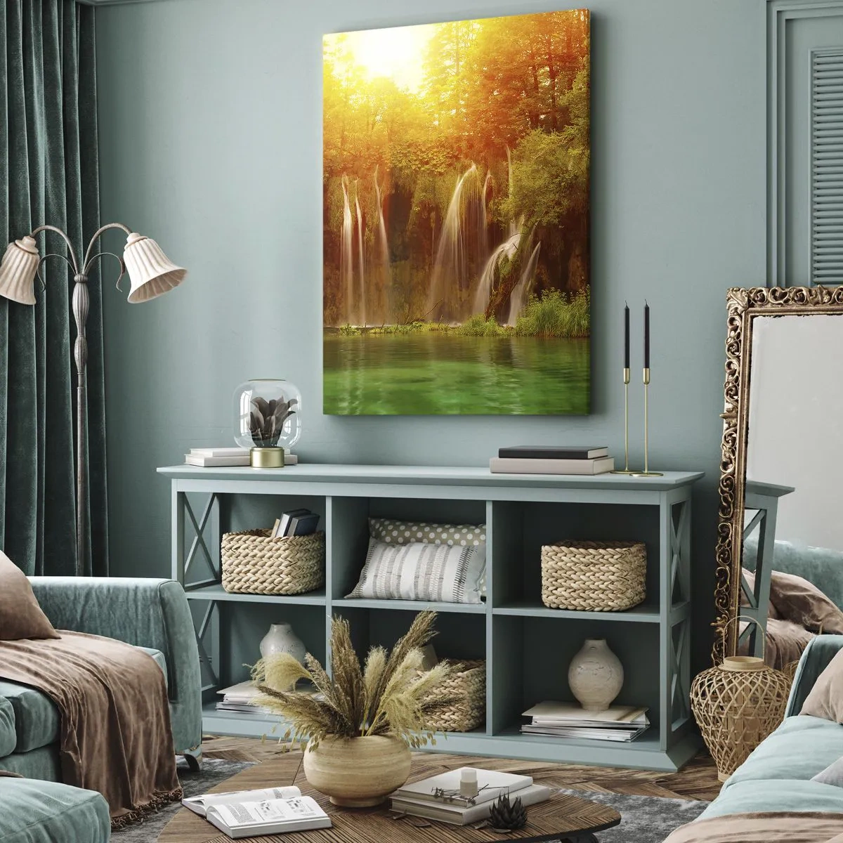 Quadro su tela - Stampe su Tela - Cascate immerse nel verde al chiarore del sole al tramonto - 50x70cm - Al sole e all'ombra - Decorazione murale moderna per soggiorno e camera da letto ARTTOR