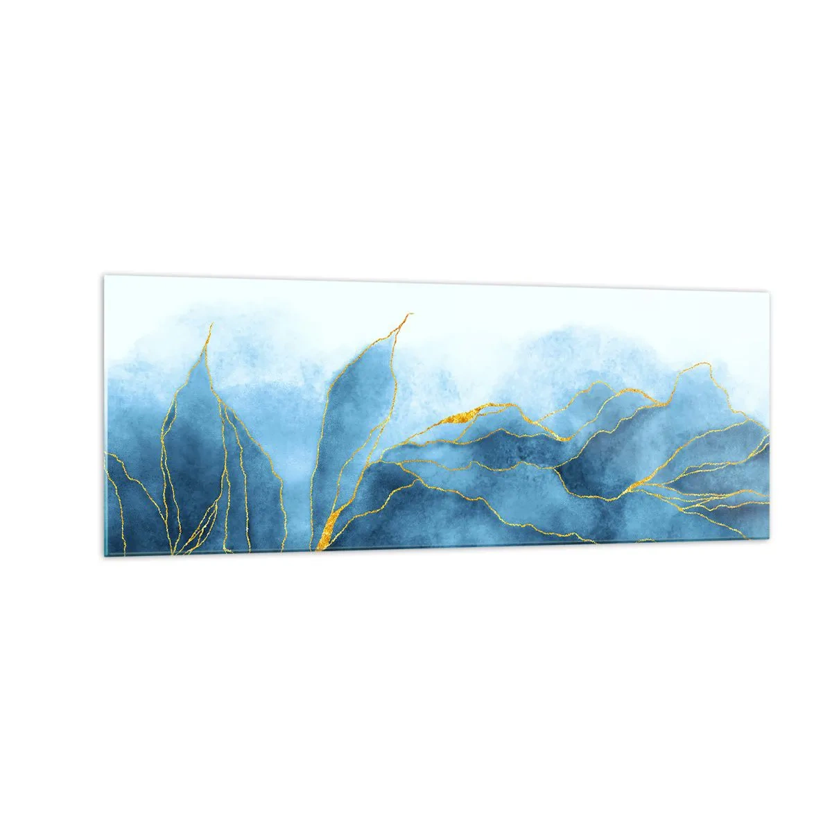 Quadro su vetro - Onde astratte nelle tonalità del blu con accenti dorati - 140x50cm - Blu nell'oro - Decorazione murale moderna per soggiorno e camera da letto ARTTOR