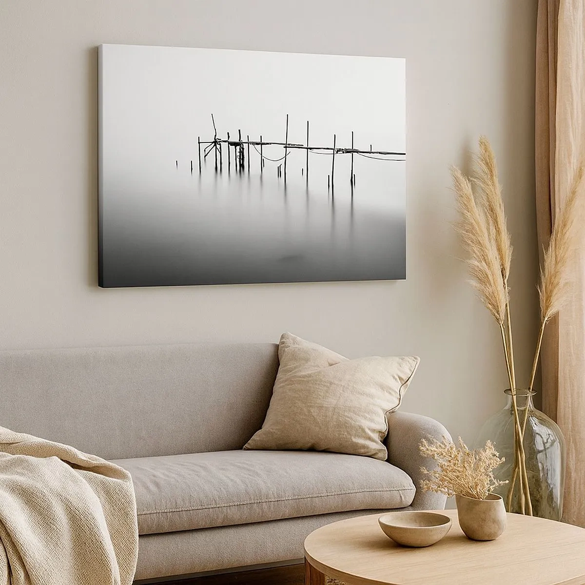 Quadro su tela - Stampe su Tela - Un molo bianco e nero immerso in un paesaggio nebbioso - 70x50cm - E se la luce non c'è? - Decorazione murale moderna per soggiorno e camera da letto ARTTOR