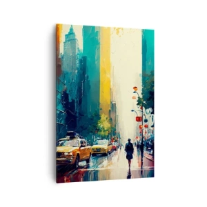 Quadro su tela - Stampe su Tela - Una città vivace con taxi e passanti - 70x100cm - New York: qui anche la pioggia è colorata - Decorazione murale moderna per soggiorno e camera da letto ARTTOR