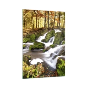 Quadro su vetro - Un paesaggio boscoso con una cascata circondata dal muschio - 80x120cm - Rapido nel bosco autunnale - Decorazione murale moderna per soggiorno e camera da letto ARTTOR