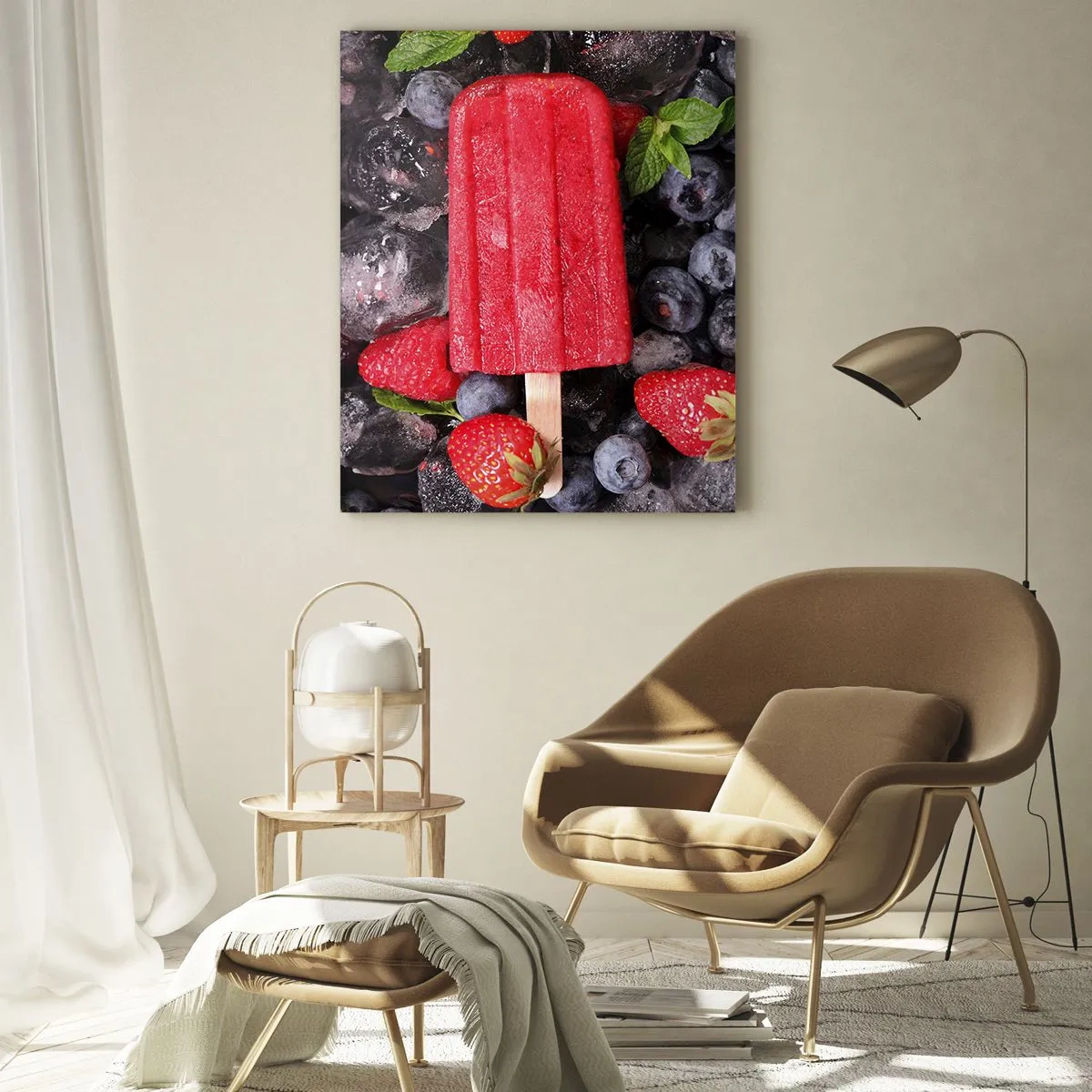 Quadro su vetro - Ghiacciolo rosso circondato da frutta e ghiaccio - 80x120cm - Il sapore della calda estate - Decorazione murale moderna per soggiorno e camera da letto ARTTOR