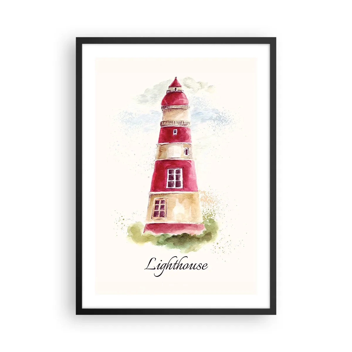 Poster in cornice nera - Illustrazione ad acquerello di un faro su uno sfondo chiaro - 50x70cm - Attorno è sempre bel tempo - Decorazione murale moderna per soggiorno e camera da letto ARTTOR