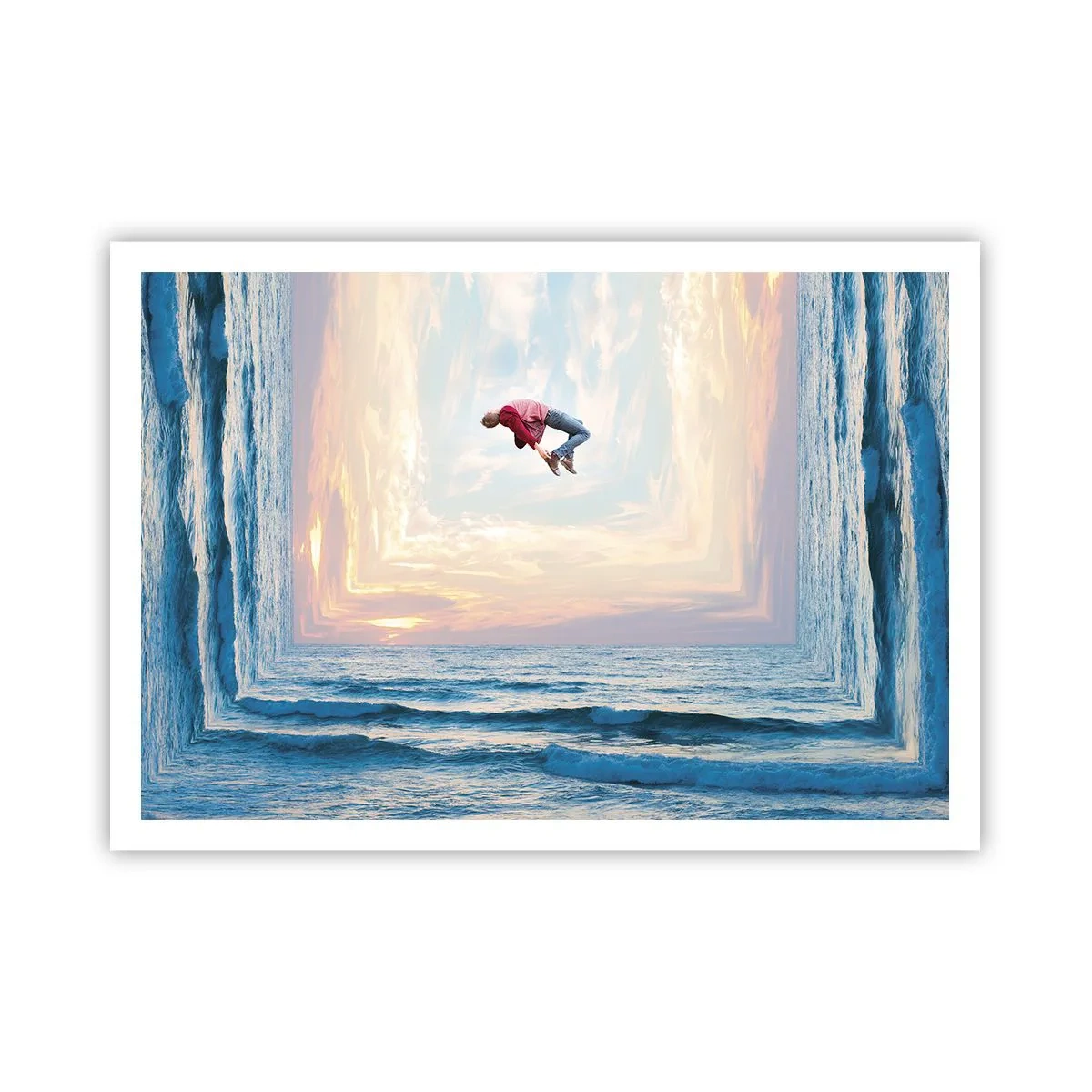 Poster - Salto surreale sul mare nella cornice - 100x70cm - In un'altra dimensione - Decorazione murale moderna per soggiorno e camera da letto ARTTOR